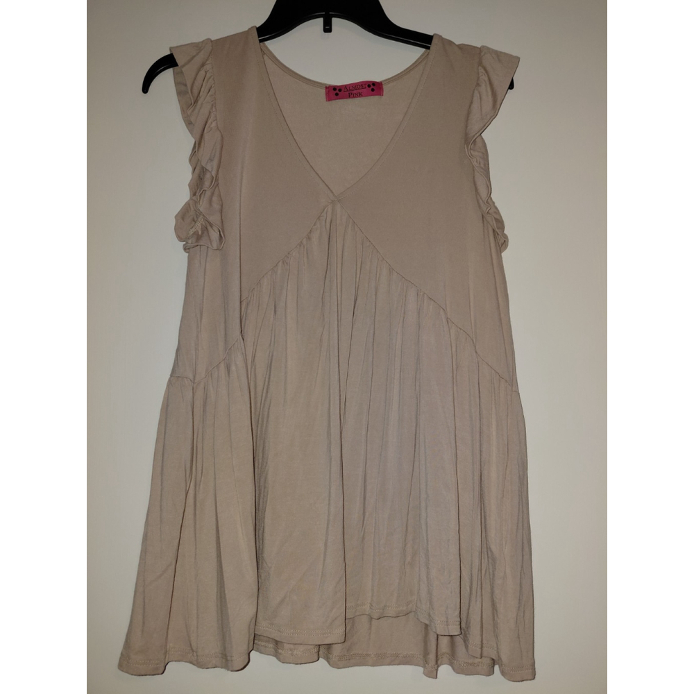 Women's Almost Pink Top Khaki Sleeveless Blouse Size Medium EUC